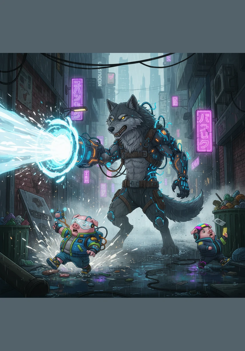 The wolf reaches the stick house and lets out a thunderous huff and puff that rattles the forest floor. The wooden walls splinter and fly apart, forcing both Percy and Pip to scramble through the bushes toward Peter’s sturdy brick house.