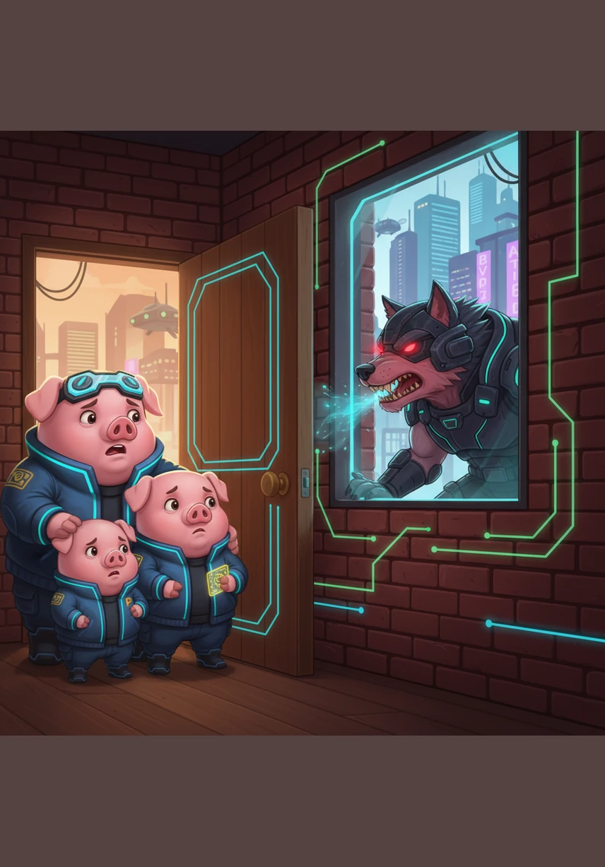 Safe inside the brick house, the three brothers huddle together as the wolf arrives at the heavy wooden door. The wolf blows until his face turns bright red, but the thick brick walls do not move even a single inch.