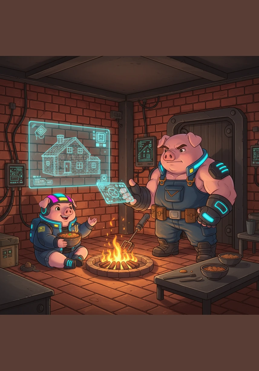 The three brothers celebrate their safety with a warm meal and a cozy fire inside the brick house. They live together happily, knowing that hard work and a strong foundation keep them safe from any trouble that comes their way.