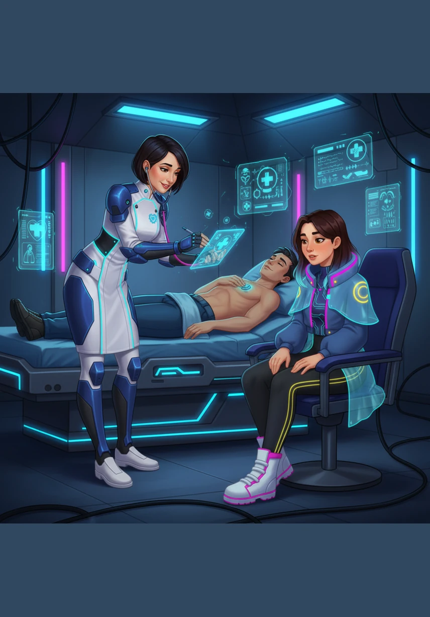 Nurse Sarah leans over my bed with a gentle smile, her stethoscope cold against my chest as she checks my vitals. She gives me a reassuring nod and records some notes, telling me that my heart is beating strong and steady today.