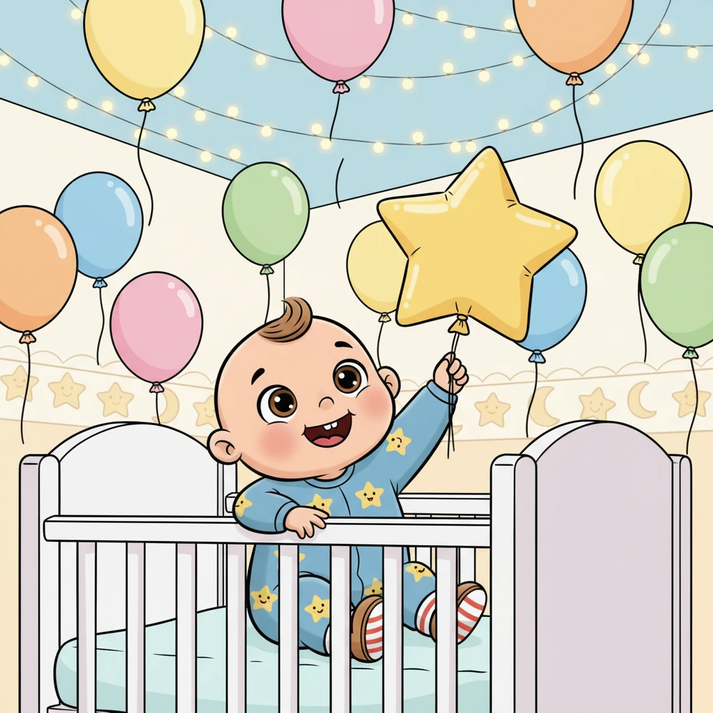 Mały Mikołaj budzi się w swoim łóżeczku, otoczony kolorowymi balonami, które unoszą się w powietrzu. Jego oczy są szeroko otwarte, a na buzi pojawia się uśmiech, gdy zauważa migoczące światełka na suficie. To jego pierwszy, wyjątkowy dzień, pełen niespodzianek.