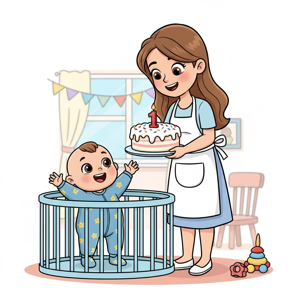 Mama Paulina, w swoim białym fartuchu, wchodzi do pokoju, niosąc piękny tort ozdobiony świeczką w kształcie jedynki. Tort ma mnóstwo kolorowych posypek, a Mikołaj wyciąga rączki, próbując go dotknąć. Jej uśmiech jest tak słodki jak jej wypieki.