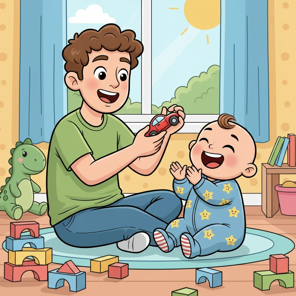 Tata Kamil, z uśmiechem na twarzy, pokazuje Mikołajowi mały, lśniący samochodzik. Naśladuje dźwięki silnika, a Mikołaj śmieje się głośno, klaszcząc w dłonie. Cały pokój wypełnia radosny gwar.