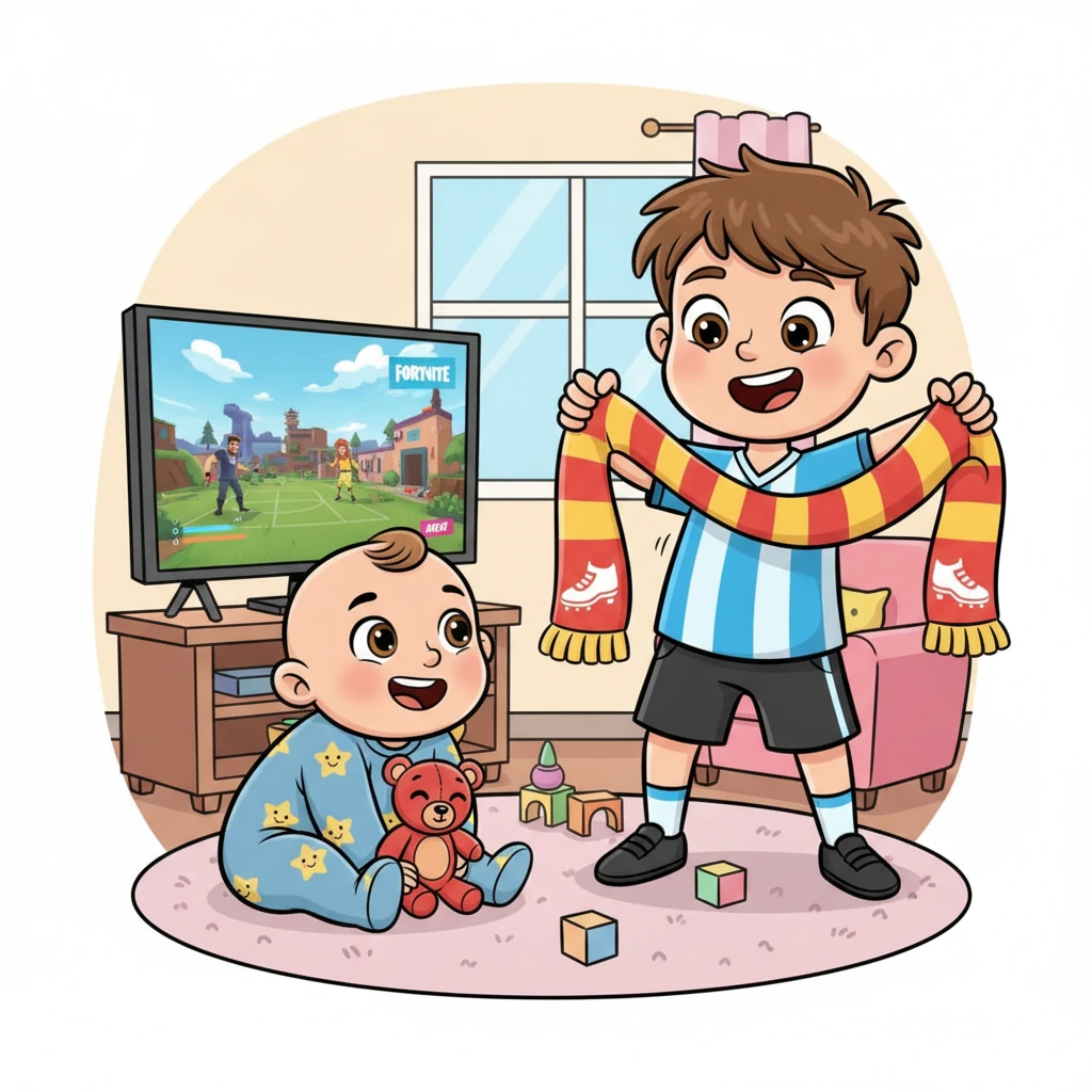 Brat Dominik, ośmioletni, z dumą prezentuje Mikołajowi szalik swojej ulubionej drużyny piłkarskiej. Potem, z zapałem, udaje, że gra w Fortnite, wykonując śmieszne ruchy. Mikołaj patrzy na niego zafascynowany.