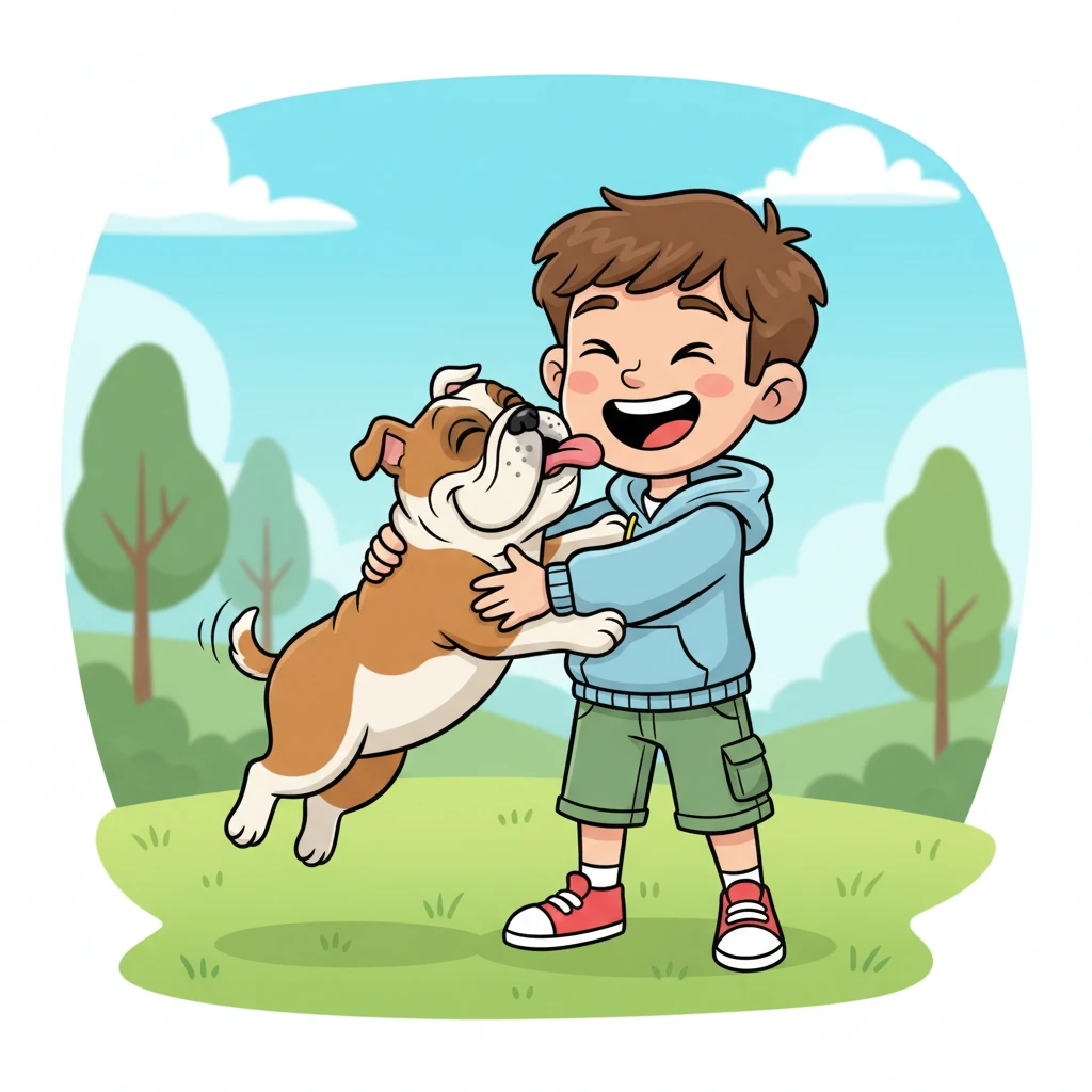 Pies Bully, z merdającym ogonem, podbiega do Mikołaja i delikatnie liże go po buzi. Mikołaj chichocze, a Bully opiera głowę o jego ramię, jakby chciał go przytulić. Ich przyjaźń jest widoczna w każdym geście.