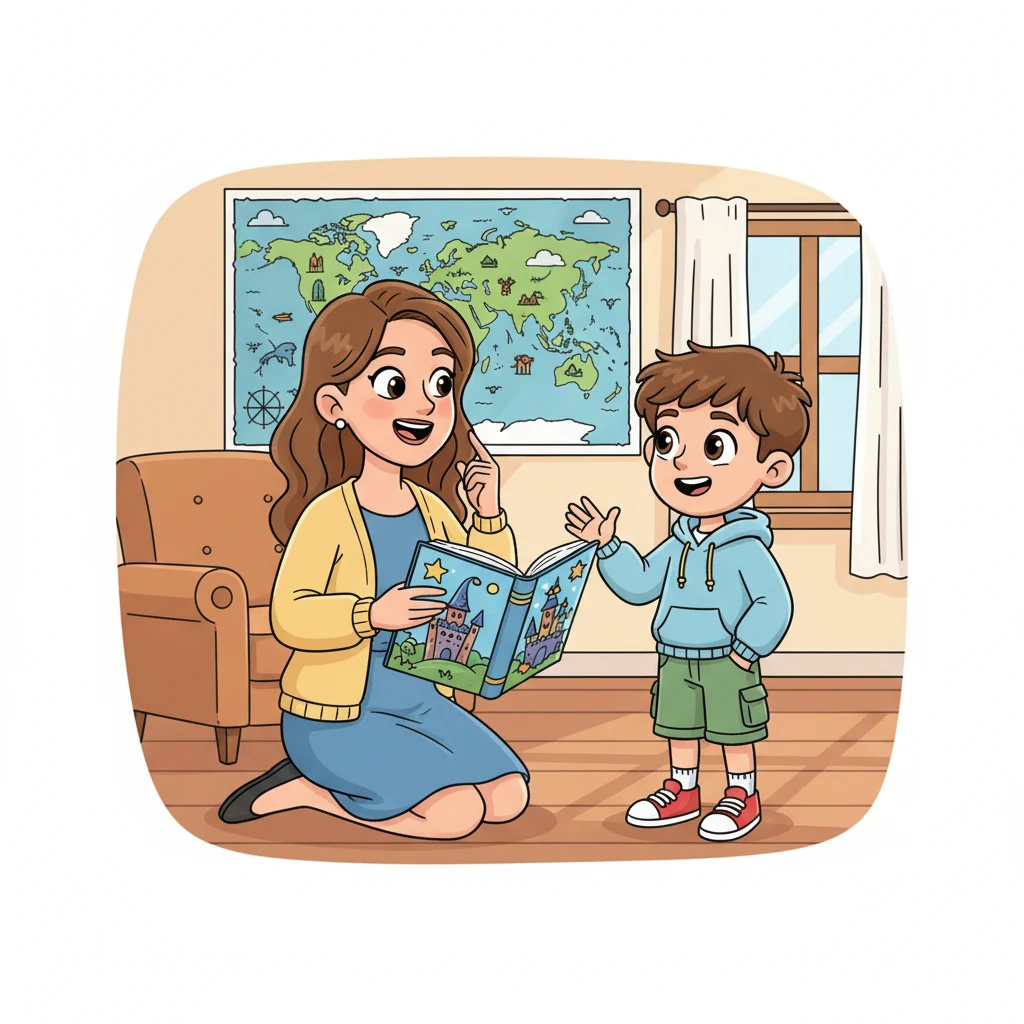 Ciocia Nikola, z uśmiechem, pokazuje Mikołajowi kolorową książkę o czarodziejach i nuci wesołą melodię. Potem wskazuje na mapę świata, marząc o kolejnej podróży. Mikołaj z ciekawością patrzy na jej lśniące oczy.