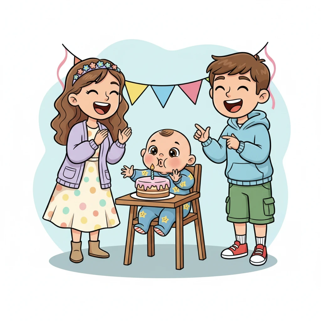 Cała rodzina zbiera się wokół Mikołaja, śpiewając mu "Sto lat". Mikołaj, siedząc na krzesełku, wyciąga rączki w stronę tortu, próbując zdmuchnąć świeczkę. Wszyscy śmieją się z jego entuzjazmu.