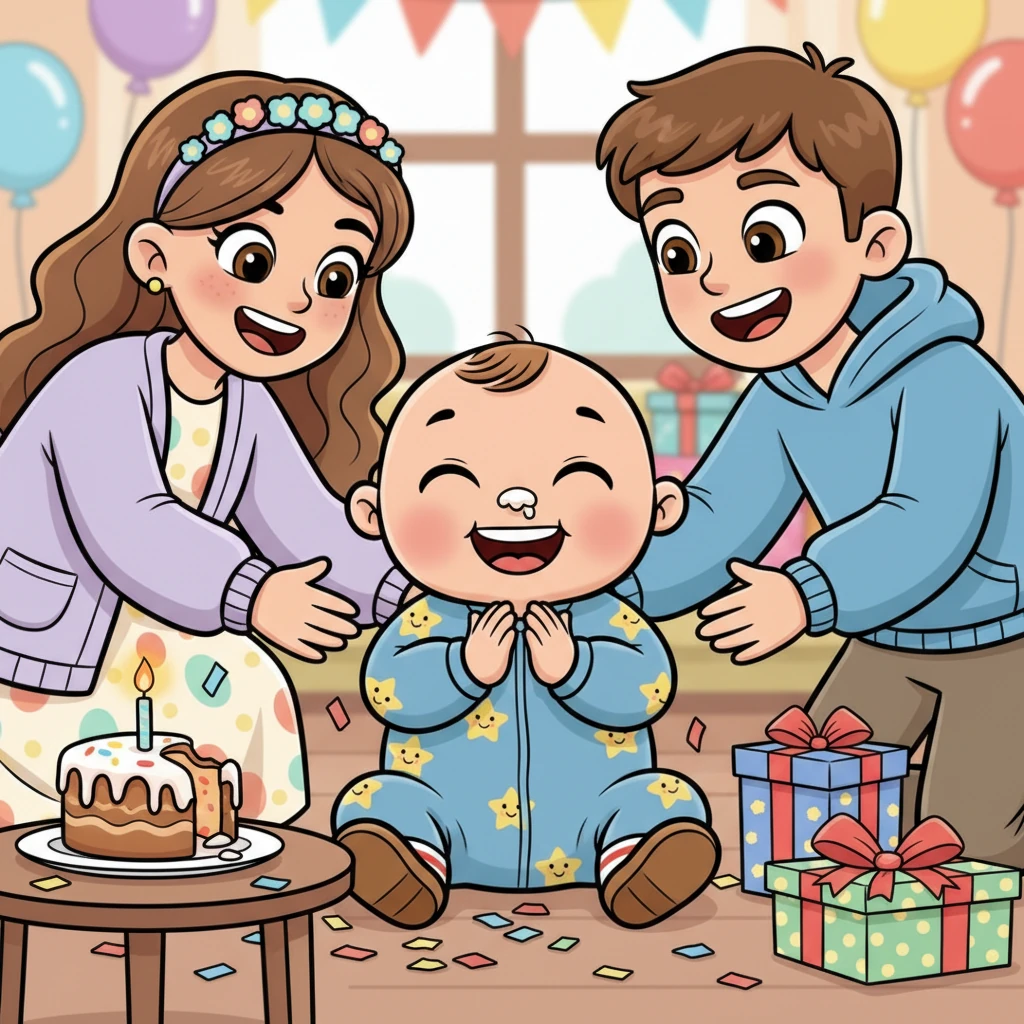 Mikołaj, z odrobiną kremu na nosie, klaszcze w rączki, otoczony miłością i śmiechem. Czuje się bezpieczny i kochany, a jego serce przepełnia radość. To najszczęśliwsze pierwsze urodziny, jakie mógł sobie wymarzyć.