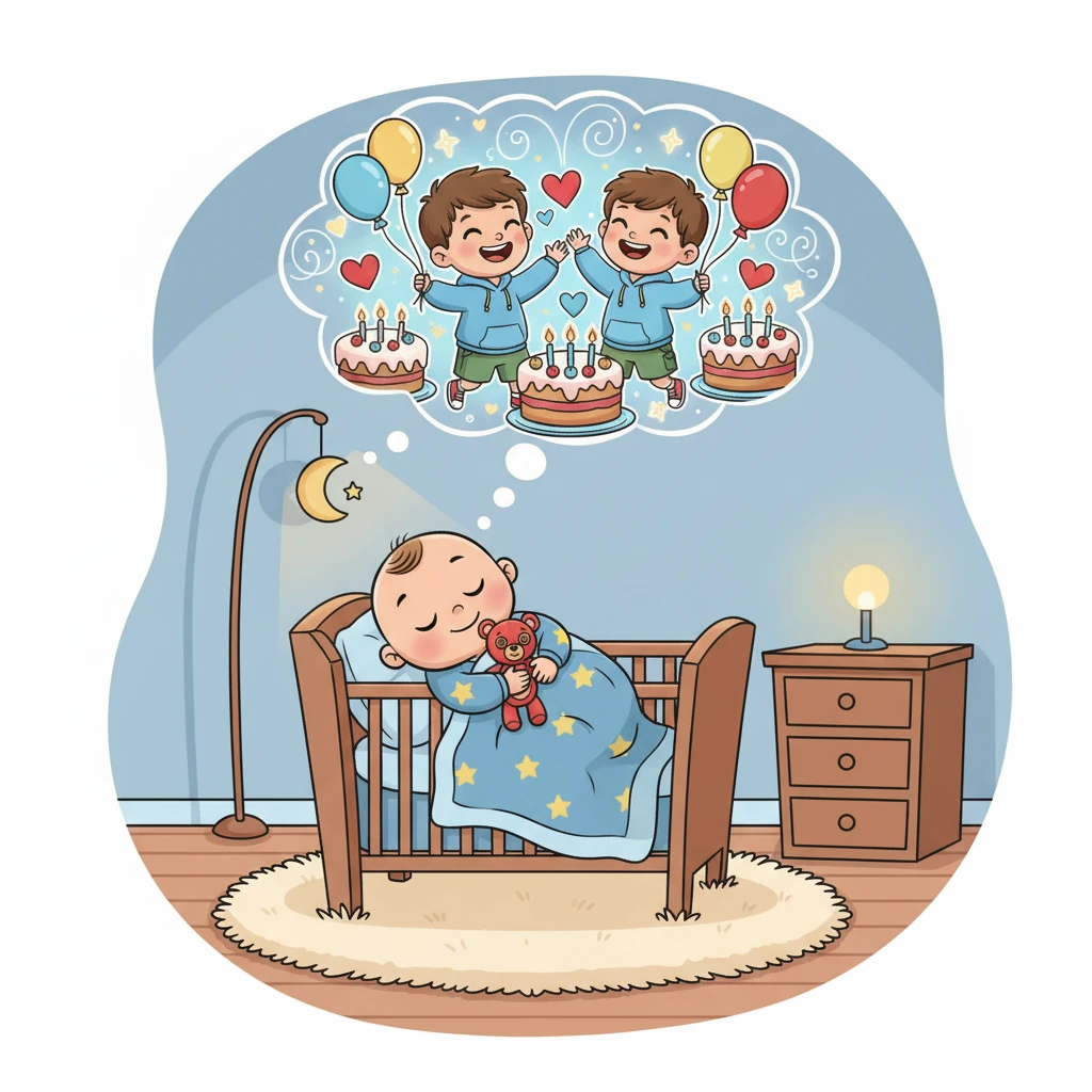 Po pełnym wrażeń dniu, Mikołaj zasypia w swoim łóżeczku, wtulony w ulubionego misia. Śni o kolorowych balonach, pysznych tortach i swoich ukochanych bliskich. Jego małe serduszko jest pełne ciepła i wdzięczności.