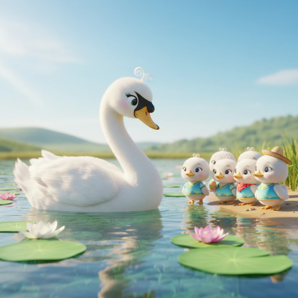 Alba, un majestuoso cisne blanco, se desliza con gracia sobre las aguas cristalinas de un lago sereno, rodeada de nenúfares brillantes. Su plumaje inmaculado irradia un brillo perlado bajo la luz suave del sol, y su largo cuello se curva con una elegancia que cautiva a los pequeños patos y gansos que la observan desde la orilla, susurrando admiración. Cada movimiento de Alba es una danza perfecta, un espectáculo de belleza natural en su hábitat tranquilo.