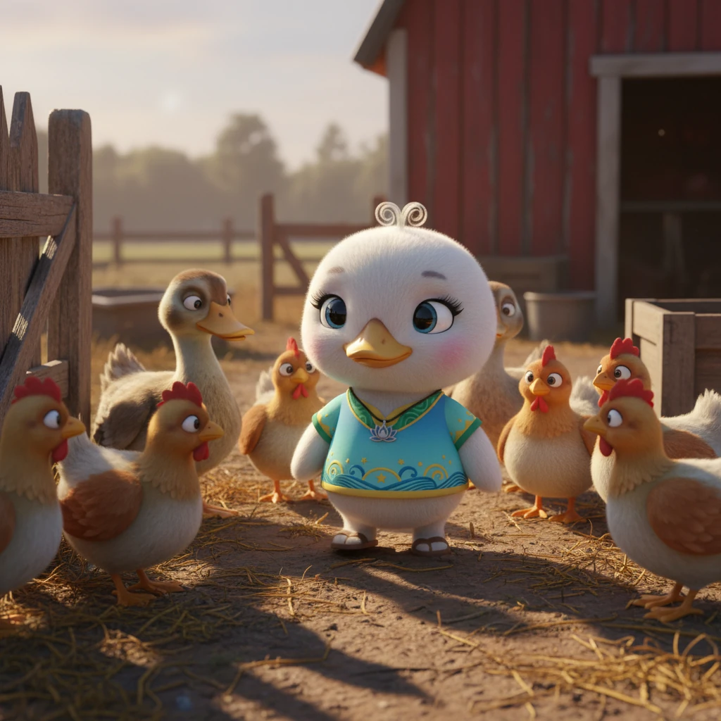 Alba camina con incertidumbre por el polvoriento patio de la granja, sus patas delicadas contrastando con el barro y la paja. Un grupo de patos con plumaje opaco y gallinas curiosas la rodean, sus pequeñas cabezas inclinadas en confusión mientras la observan con ojos extraños. Las sombras alargadas de la cerca caen sobre ella, y el ambiente bullicioso de la granja resalta su singularidad, haciendo que se sienta expuesta y fuera de lugar.