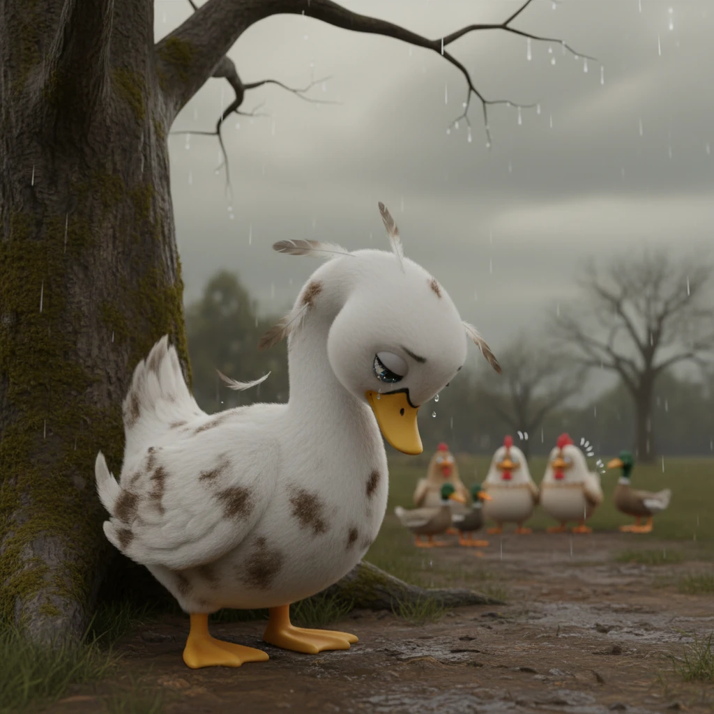 El plumaje de Alba, antes reluciente, ahora está revuelto y manchado, con algunas plumas colgando desordenadamente mientras se encoge junto a un viejo tronco. Su mirada, antes llena de confianza, se ha vuelto apagada y triste, reflejando el peso de los constantes murmullos y risas de los animales de la granja que la evitan. El cielo nublado y los tonos sombríos del entorno acentúan su creciente sentimiento de soledad y desánimo, perdiendo su porte majestuoso.