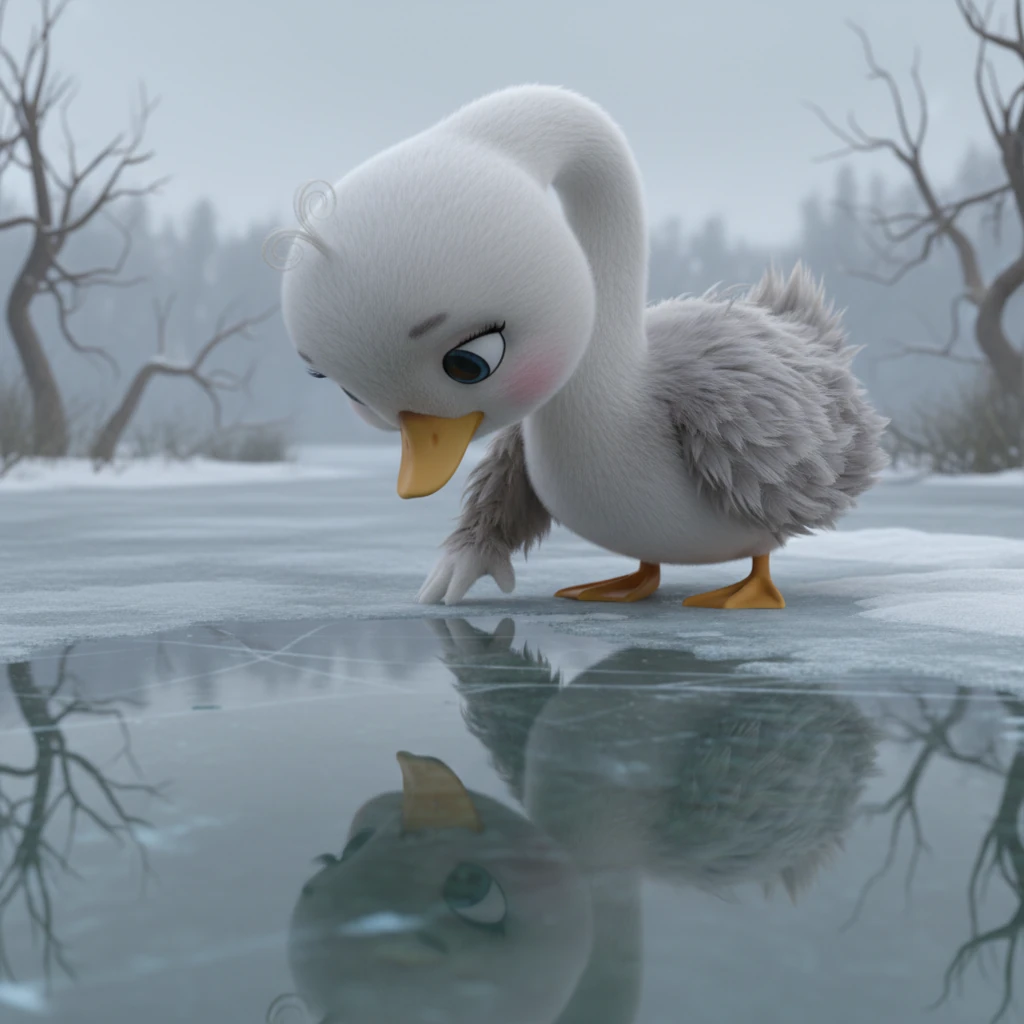 Alba, con el invierno llegando a su fin, se inclina sobre la superficie helada y ligeramente turbia del lago, su reflejo distorsionado apenas visible. Sus plumas grises y desaliñadas, su figura encorvada y la expresión melancólica en sus ojos revelan una profunda transformación. Ya no ve al cisne radiante que una vez fue, sino una silueta que se asemeja a un patito común, diferente y olvidado, en la quietud desoladora del paisaje invernal.