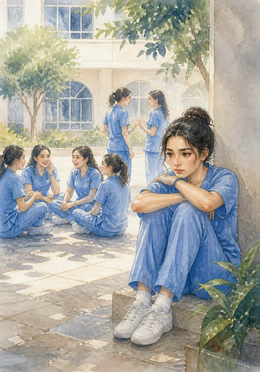 Blessy sat quietly in the corner of her girls' school courtyard, watching her classmates laugh and play together. Despite being surrounded by friends, her mind was a whirlwind of overthinking, and a deep sense of loneliness always seemed to linger in her heart.
