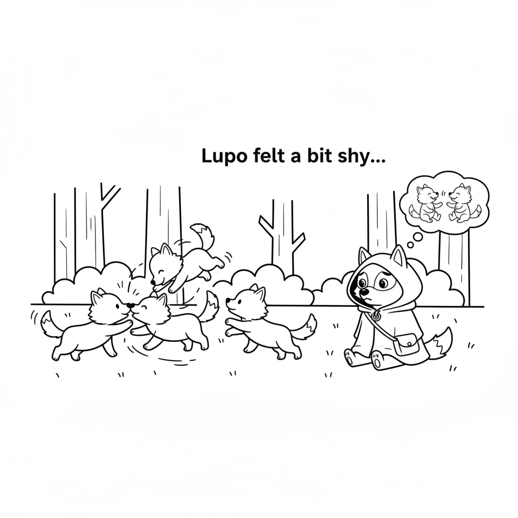 Lupo, a small wolf pup, sat quietly at the edge of the forest. His ears drooped a little as he watched his energetic brothers and sisters tumble and c