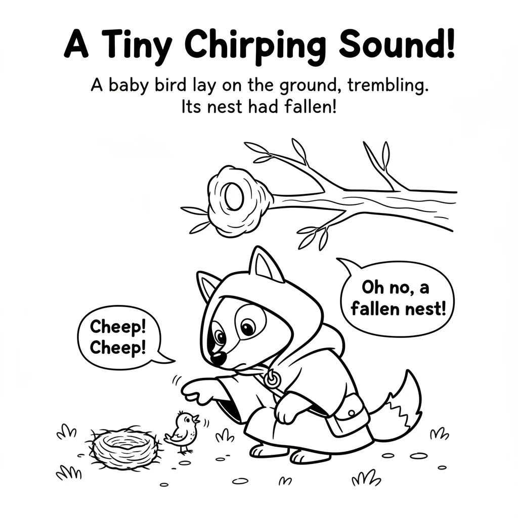 Suddenly, a tiny chirping sound caught his ear. A baby bird, no bigger than his paw, lay on the ground, trembling. Its small nest had fallen from a br