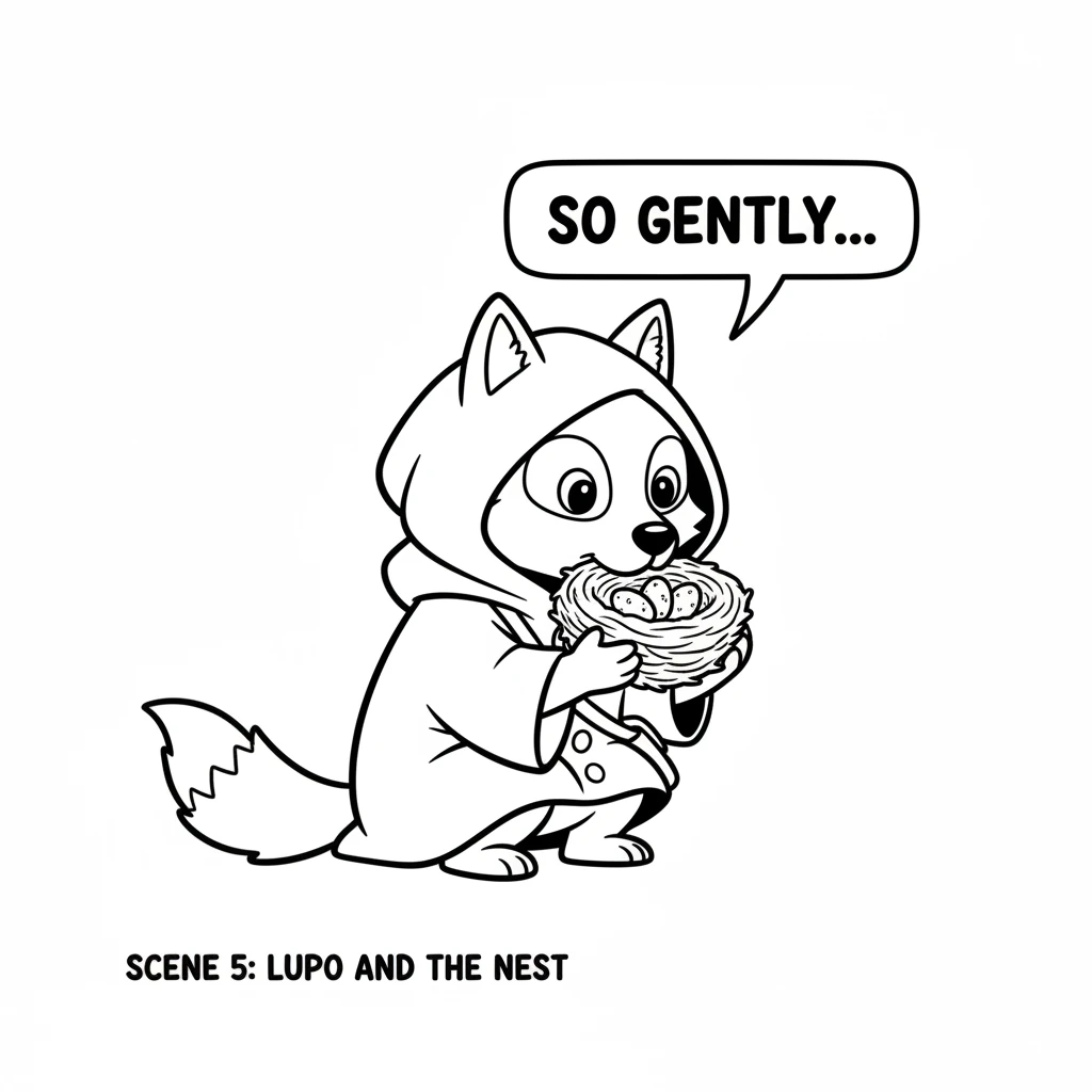 Lupo approached very slowly, his tail wagging gently to show he meant no harm. With the utmost care, he nudged the fragile nest with his nose, then ca