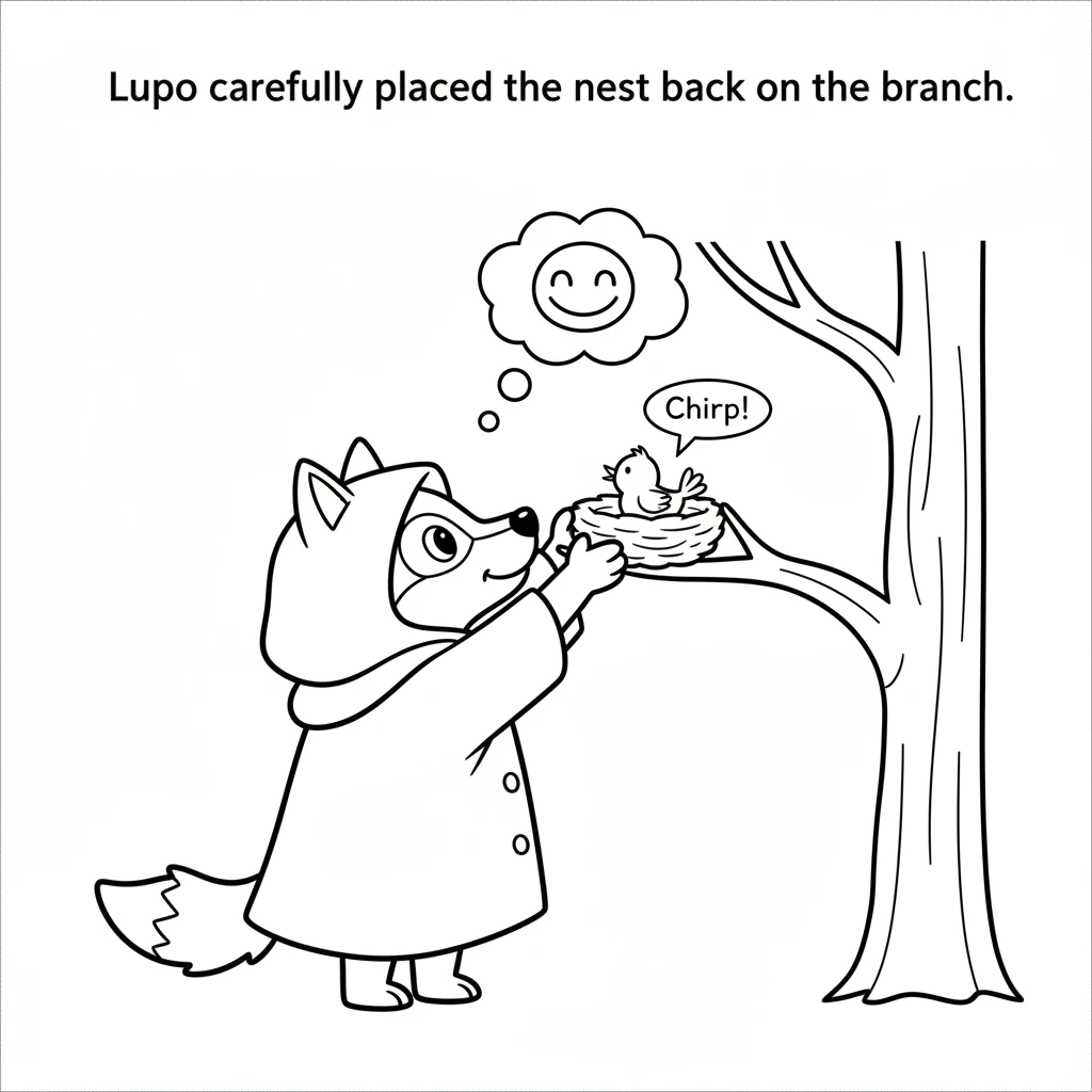 He scanned the tree above, his keen eyes spotting where the nest must have belonged. Reaching up on his hind legs, Lupo carefully placed the nest back