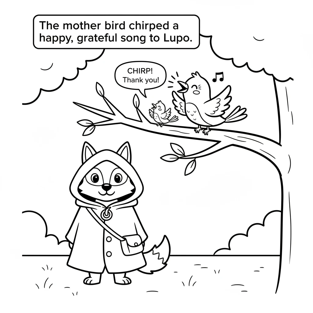 Moments later, a flurry of wings arrived. The mother bird, seeing her baby safe, landed on the branch and chirped a happy, grateful song to Lupo. Her