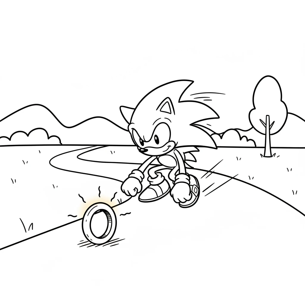 Suddenly, Sonic spotted something sparkling on the path ahead. It was a golden ring, glowing with a soft, warm light. He skidded to a stop, curious about this shiny new discovery.