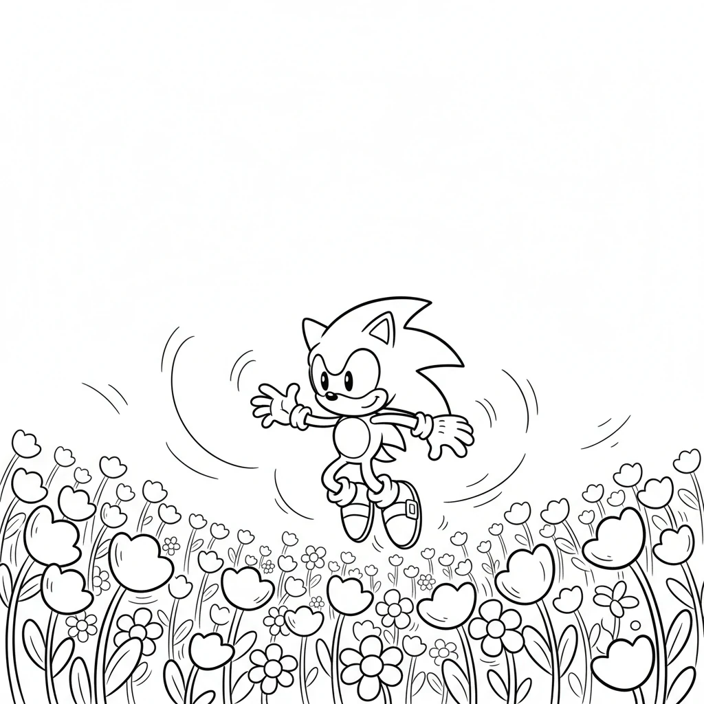 With a whoosh, the ring's magic whisked Sonic to a brand new place. He found himself in a field of tall, colorful flowers, swaying gently in the breeze. It was a beautiful, unknown land.