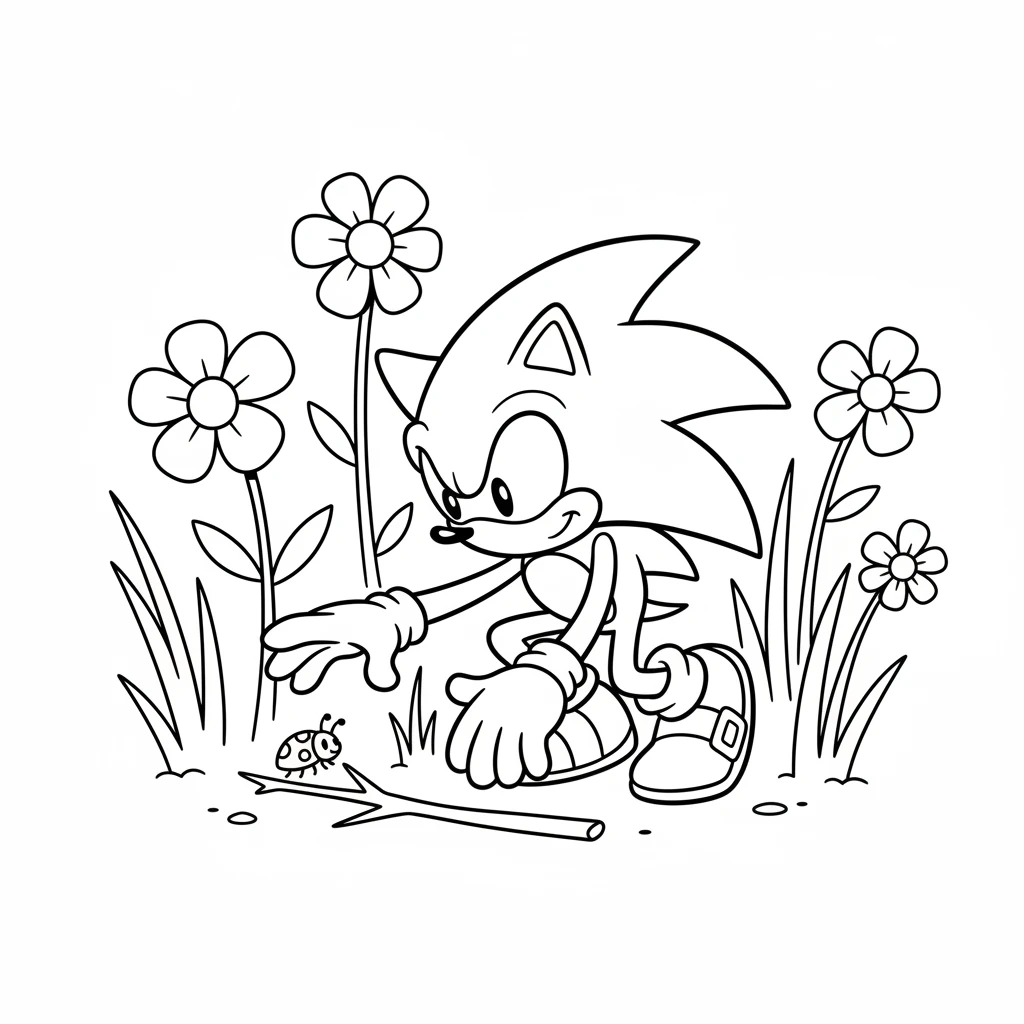 Among the big flowers, Sonic saw a tiny ladybug trying to climb over a fallen twig. The ladybug looked stuck and a little sad. Sonic knew he had to help.