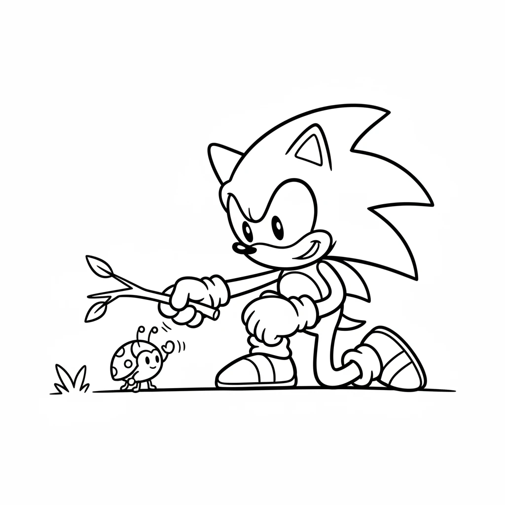 Using his amazing speed, Sonic quickly cleared the twig from the ladybug's path. The ladybug waved a tiny thank you with its little antennae, now free to go on its way.