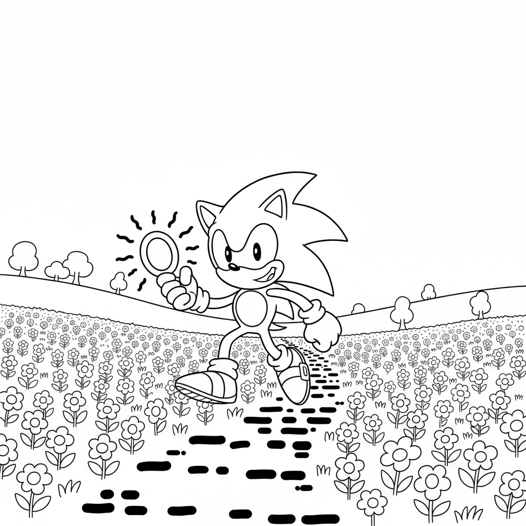 The magical ring glowed brightly again, showing Sonic a shimmering path through the flower field. It was like the ring knew where to go next. Sonic smiled, ready for more adventure.
