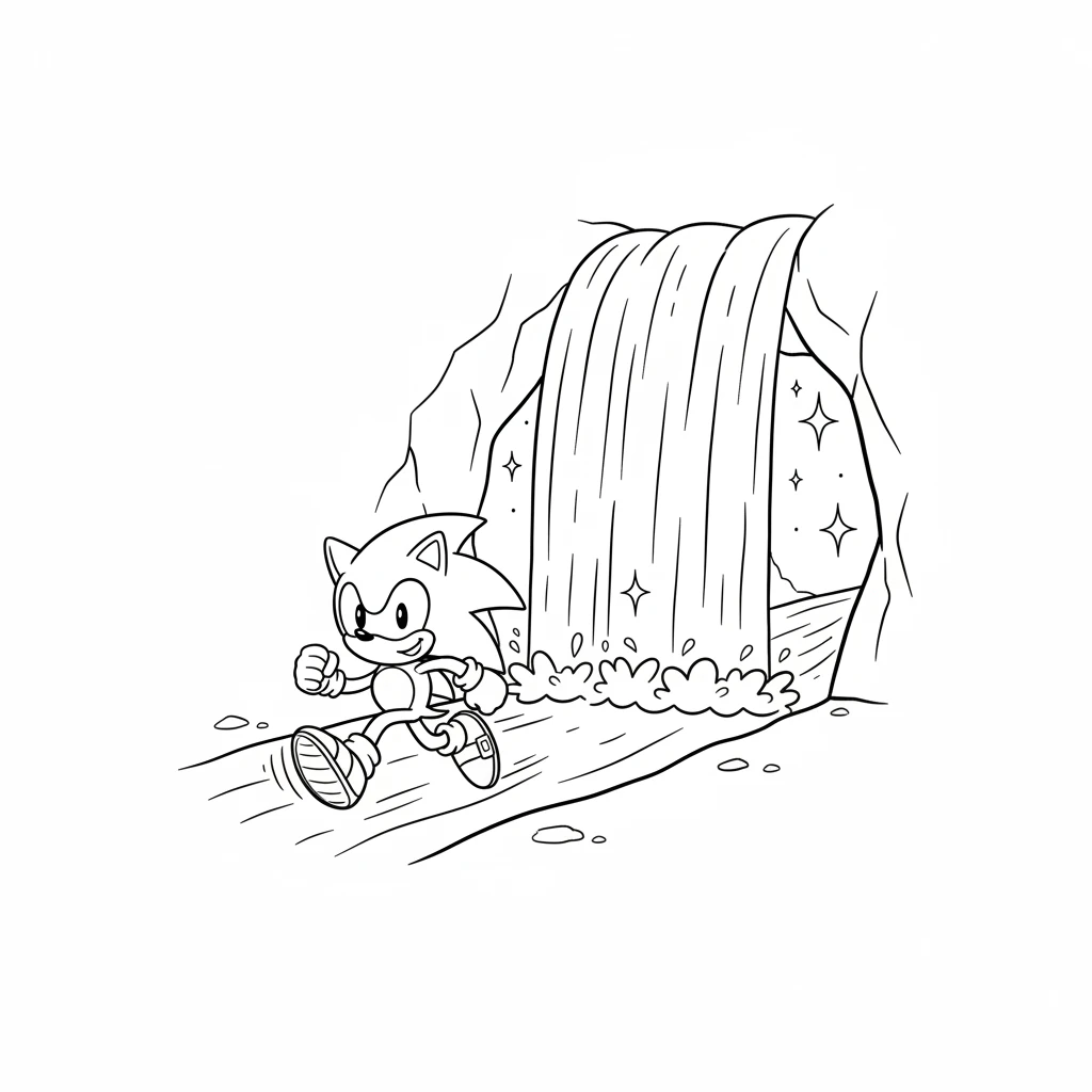 Sonic raced along the glowing path, which led him into a sparkling waterfall cave. Water cascaded down, making beautiful curtain shapes. He zoomed past, marveling at the magical light inside.