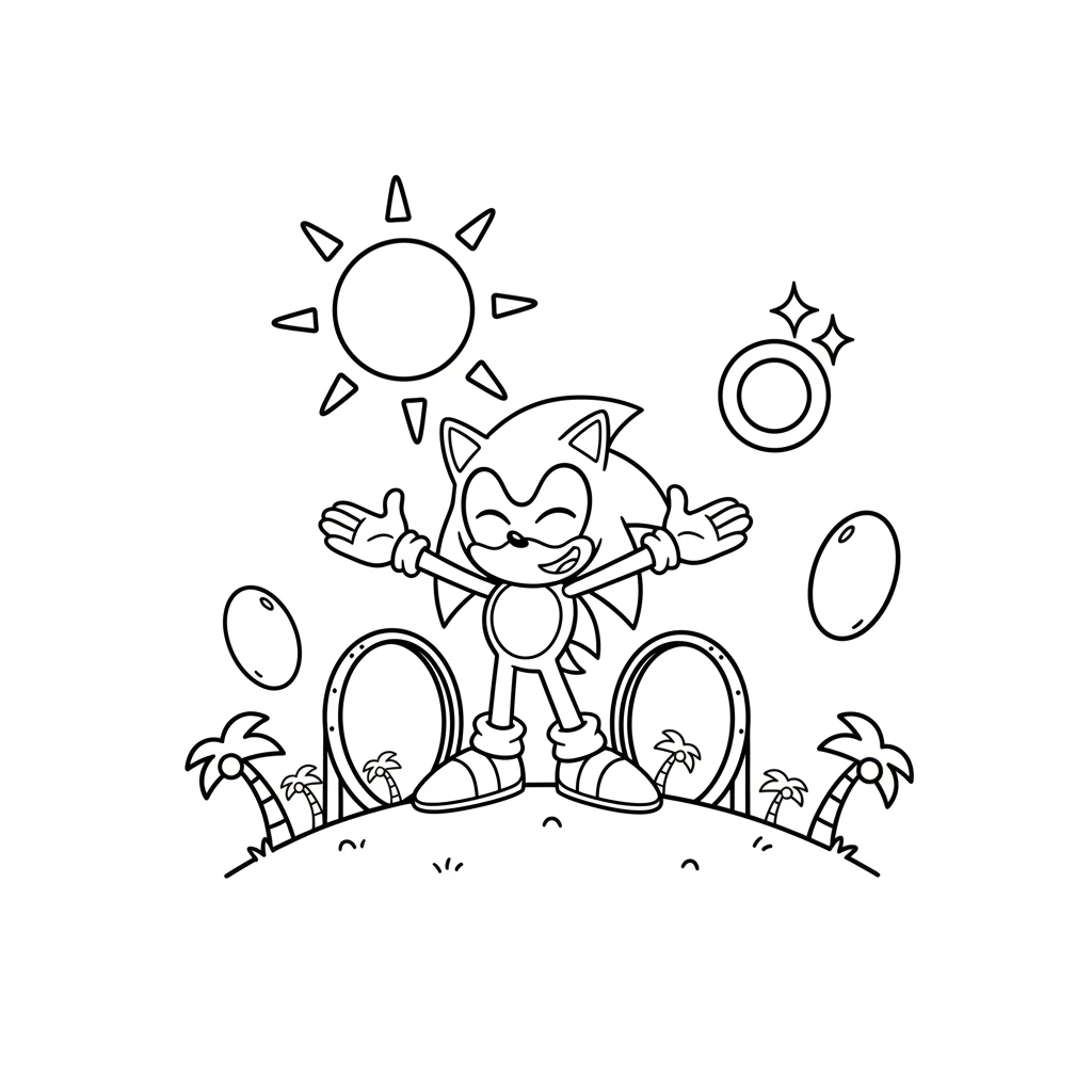 After his adventures, the ring's magic brought Sonic back to his beloved Green Hill Zone. He felt happy and proud, knowing he had helped a friend and seen amazing new places. The sun shone brightly on his return.