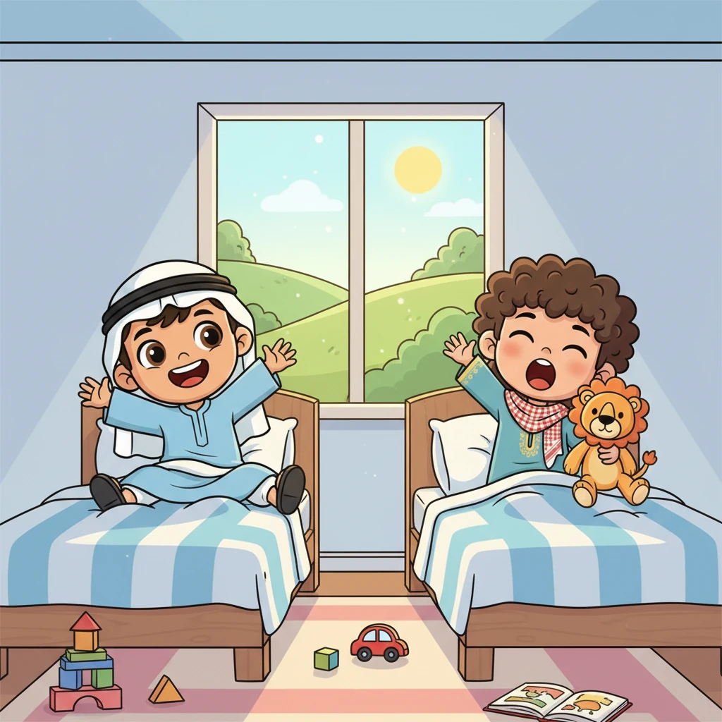 يستيقظ أمير وهارون في صباح مشرق، وعيونهما تلمع بالإثارة ليوم جديد مليء بالمرح والمغامرات. يتمددان بكسل على سريريهما المريحين، ويتساءلان عن اللعب الذي ينتظرهما اليوم.