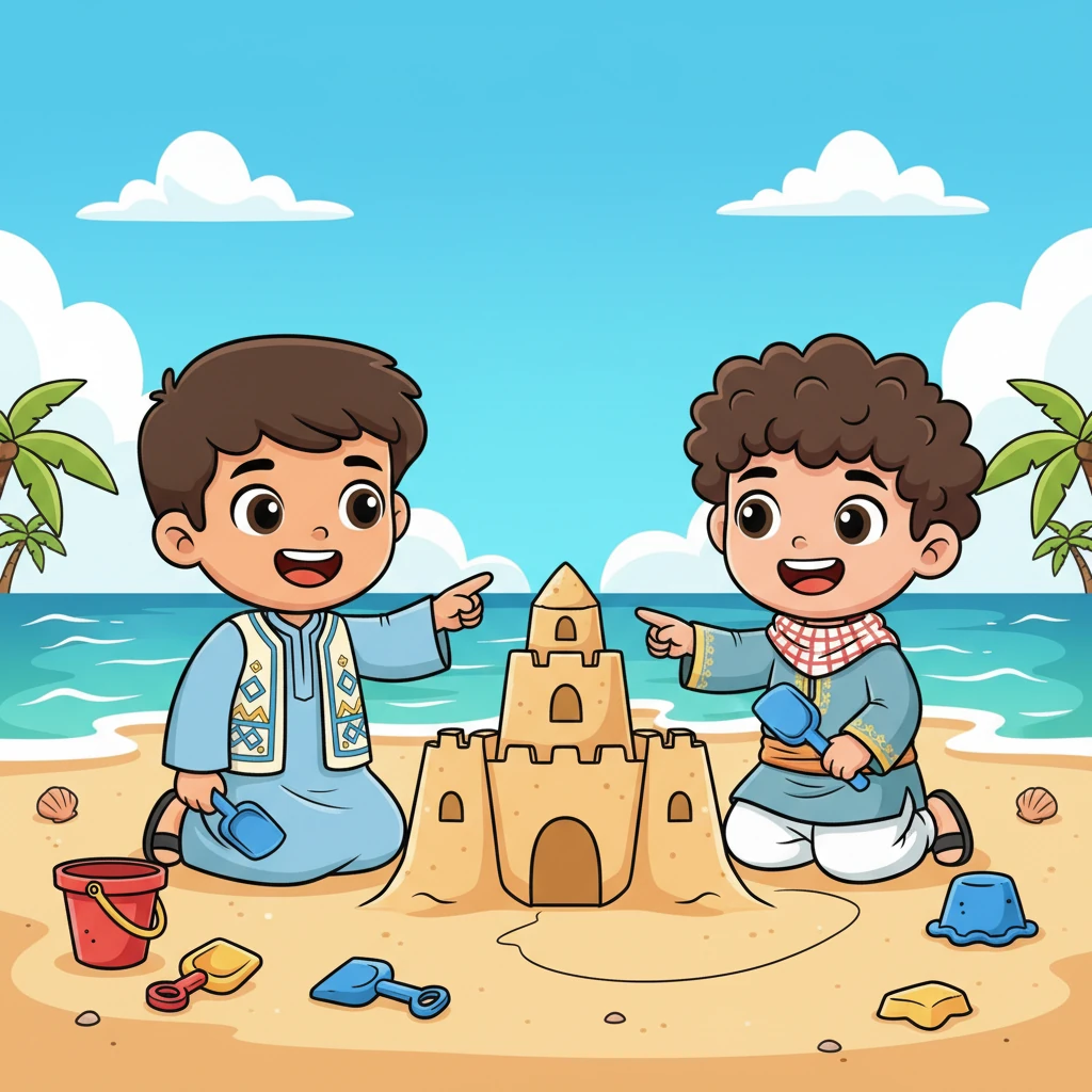 بابتسامة عريضة، يقرر الأخوان بناء أكبر وأروع قلعة رملية على شاطئ البحر! يخططان بحماس، ويتبادلان الأفكار حول الأبراج والخنادق التي ستجعل قلعتهما فريدة.