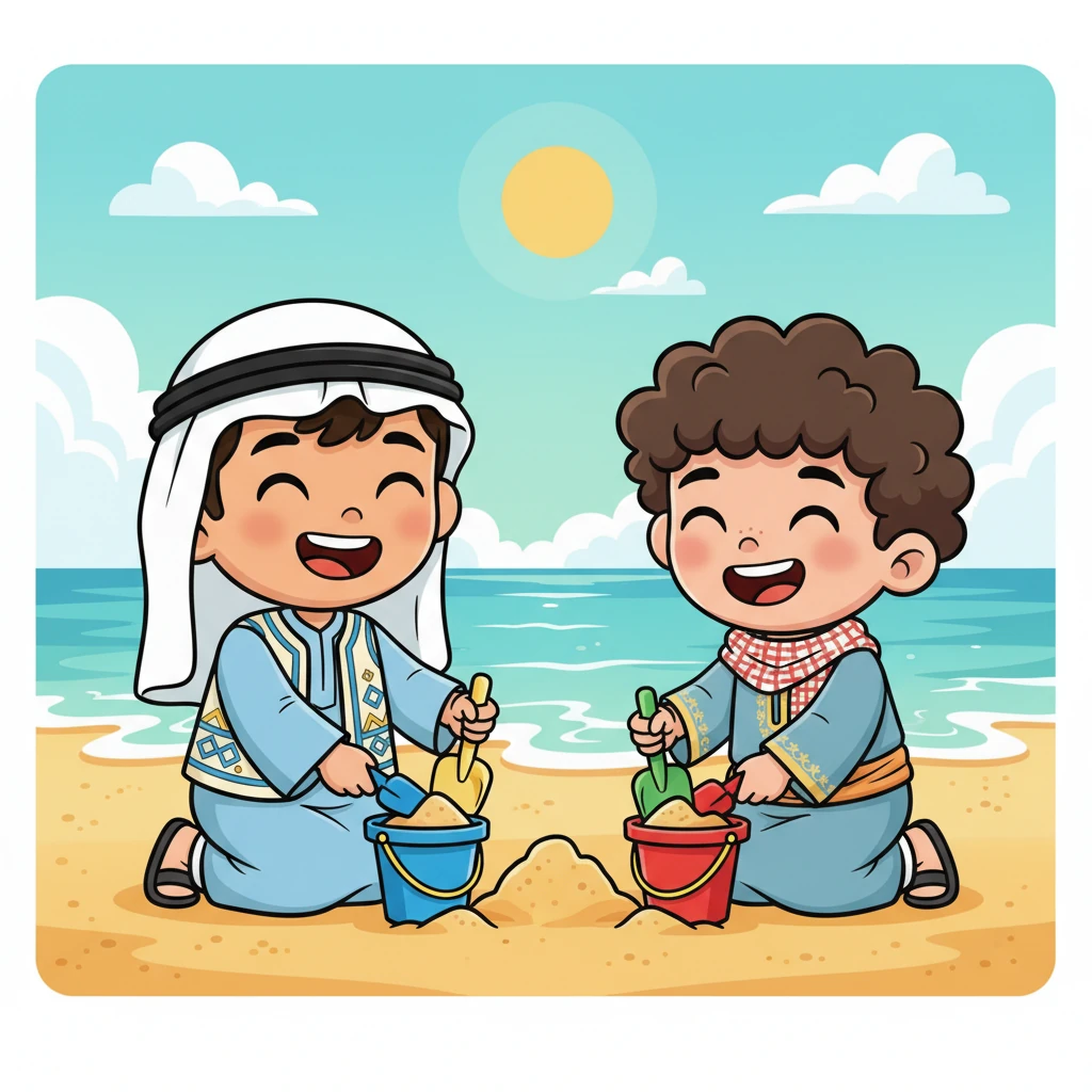 يصل أمير وهارون إلى الشاطئ المشمس، ويحملان دلاءهما ومجاريفهما الملونة. يبدآن بجمع الرمل الذهبي بحماس، ويعملان جنبًا إلى جنب، ويضحكان مع كل مجرفة ممتلئة.