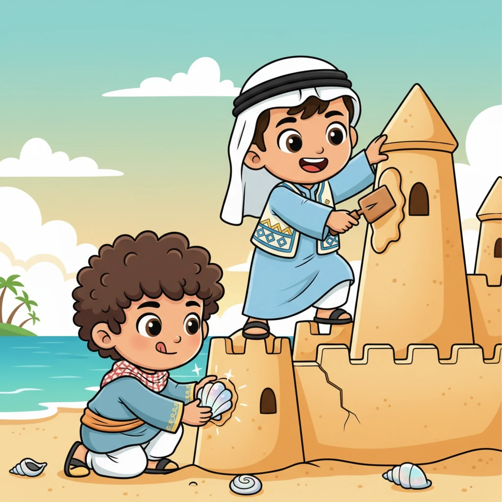 يعود الأخوان للعمل معًا بجدية أكبر، ويتعاونان لإصلاح الجزء المتضرر. يضيف هارون الأصداف البحرية اللامعة بعناية إلى جدران القلعة، مما يضفي عليها لمسة سحرية.