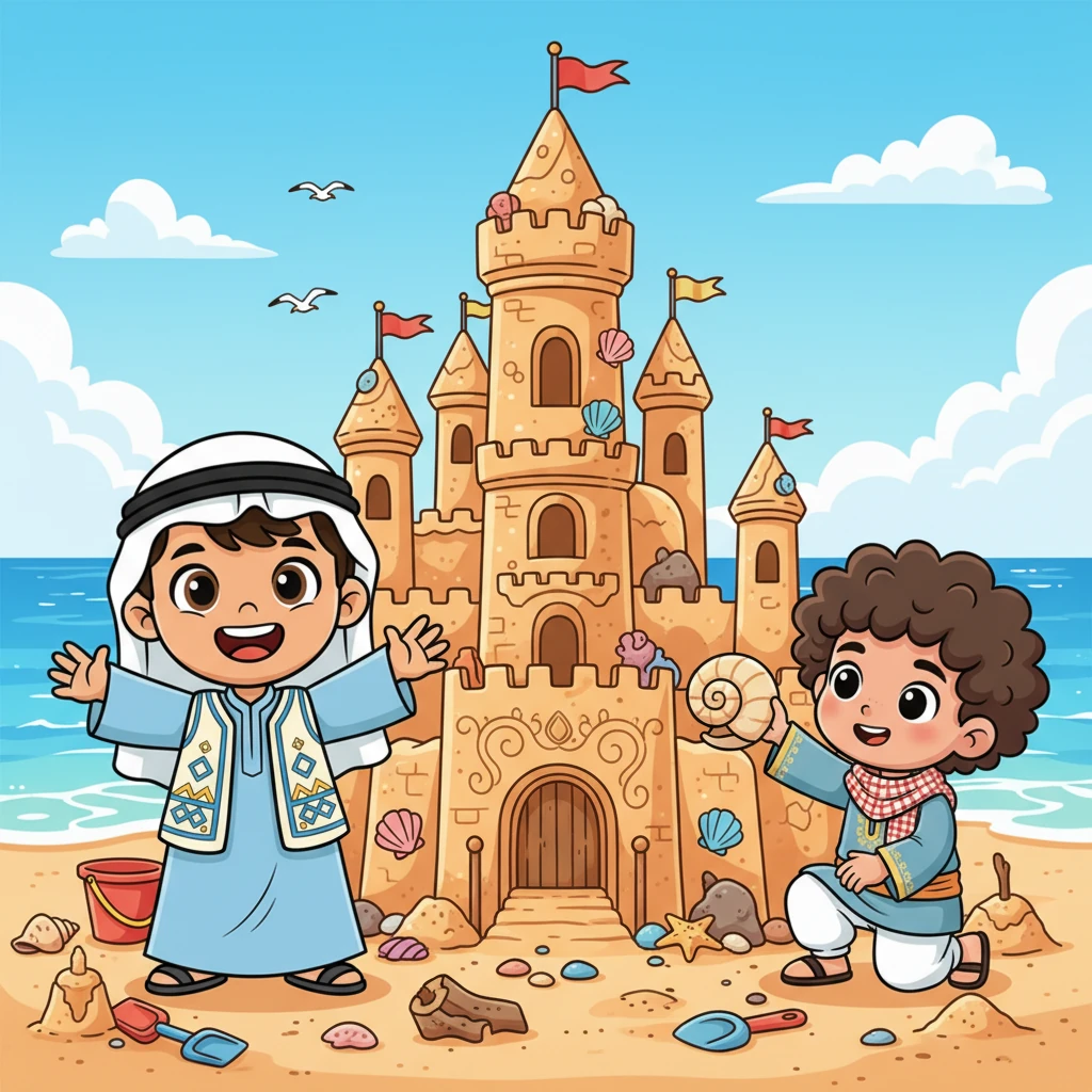 أخيرًا، تقف قلعتهما الرملية الشاهقة بفخر، أبراجها عالية ومزينة بشكل جميل. إنها أكبر قلعة رملية رأوها على الإطلاق، تحفة فنية من الرمال والأصداف.