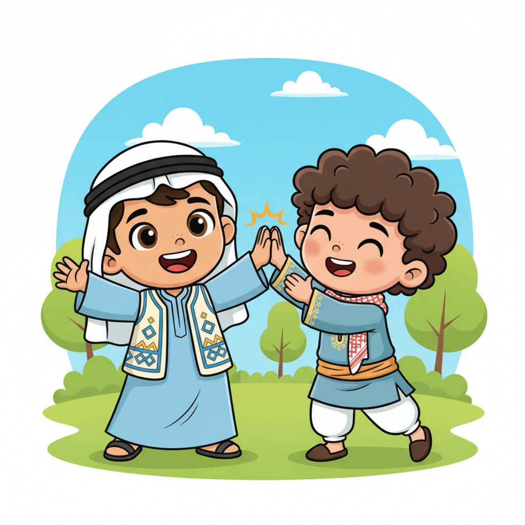 يصفق أمير وهارون لبعضهما البعض بحماس، ويتبادلان قبلة "هاي فايف" احتفالاً بإنجازهما الرائع. يشعران بالفخر والسعادة الكبيرة بما حققاه معًا.