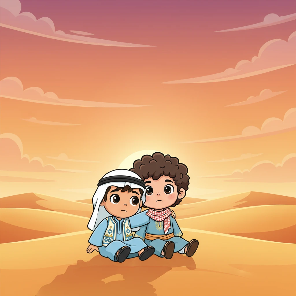يجلس الأخوان الصغيران على الرمال الناعمة، ويشاهدان الشمس وهي تغرب ببطء في الأفق، وتلون السماء بألوان برتقالية ووردية جميلة. يشعران بالتعب ولكن بسعادة غامرة، ويتطلعان إلى مغامرات جديدة تنتظرهما غدًا.
