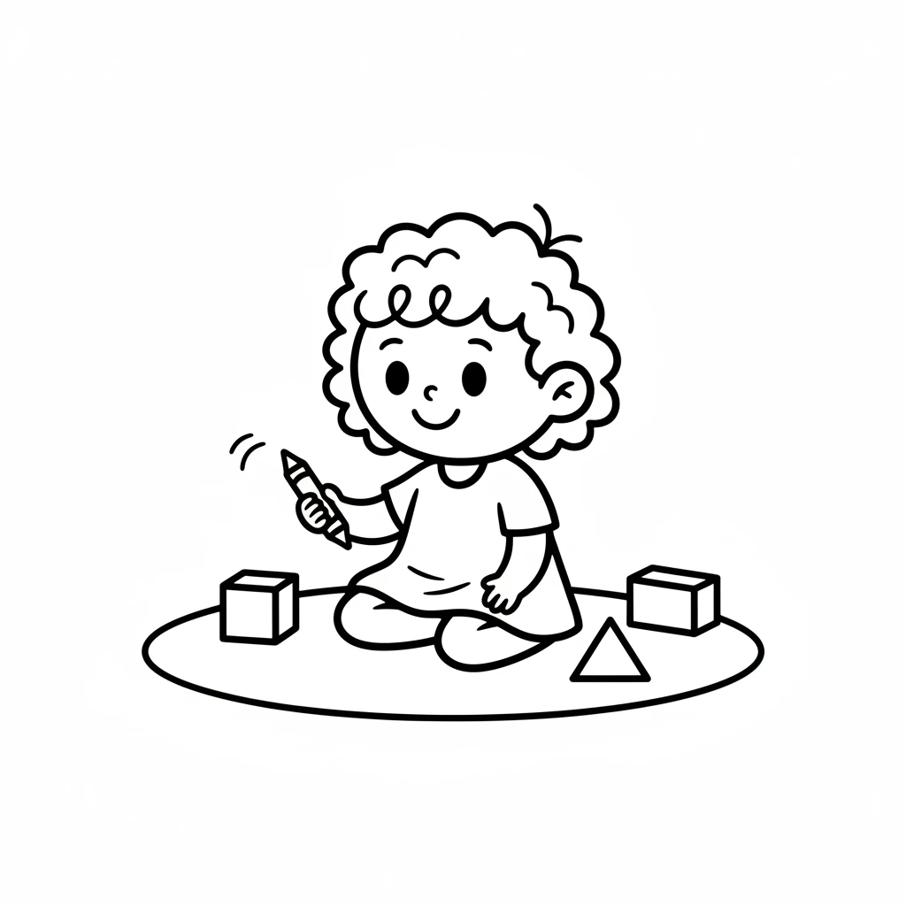 Dot, a small child with a round head and big, happy eyes, sits on a soft rug. A simple crayon is clutched in her hand, ready to make a mark. Around her are a few block-like toys, waiting for playtime.