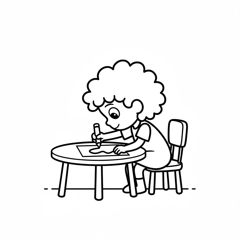 Leaning over a little round table, Dot focuses intently on a blank paper. Her small hand guides the crayon, leaving a bold, curved line across the white page. A tiny, joyful hum might escape her lips as she creates.