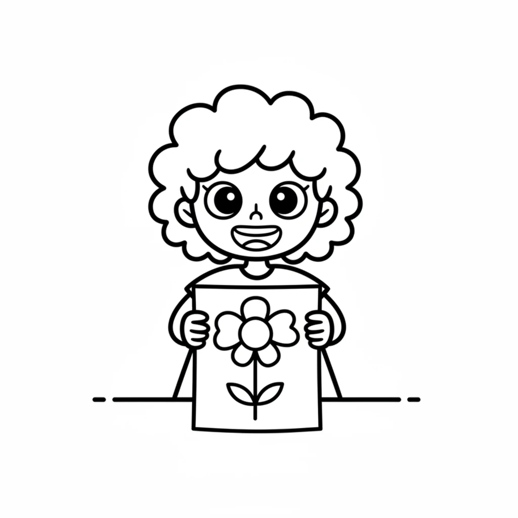 With a triumphant smile, Dot holds up her finished masterpiece. On the paper, a cheerful flower with a round center, two simple petals, and a leafy stem is clearly drawn. It's a simple drawing, full of heart.