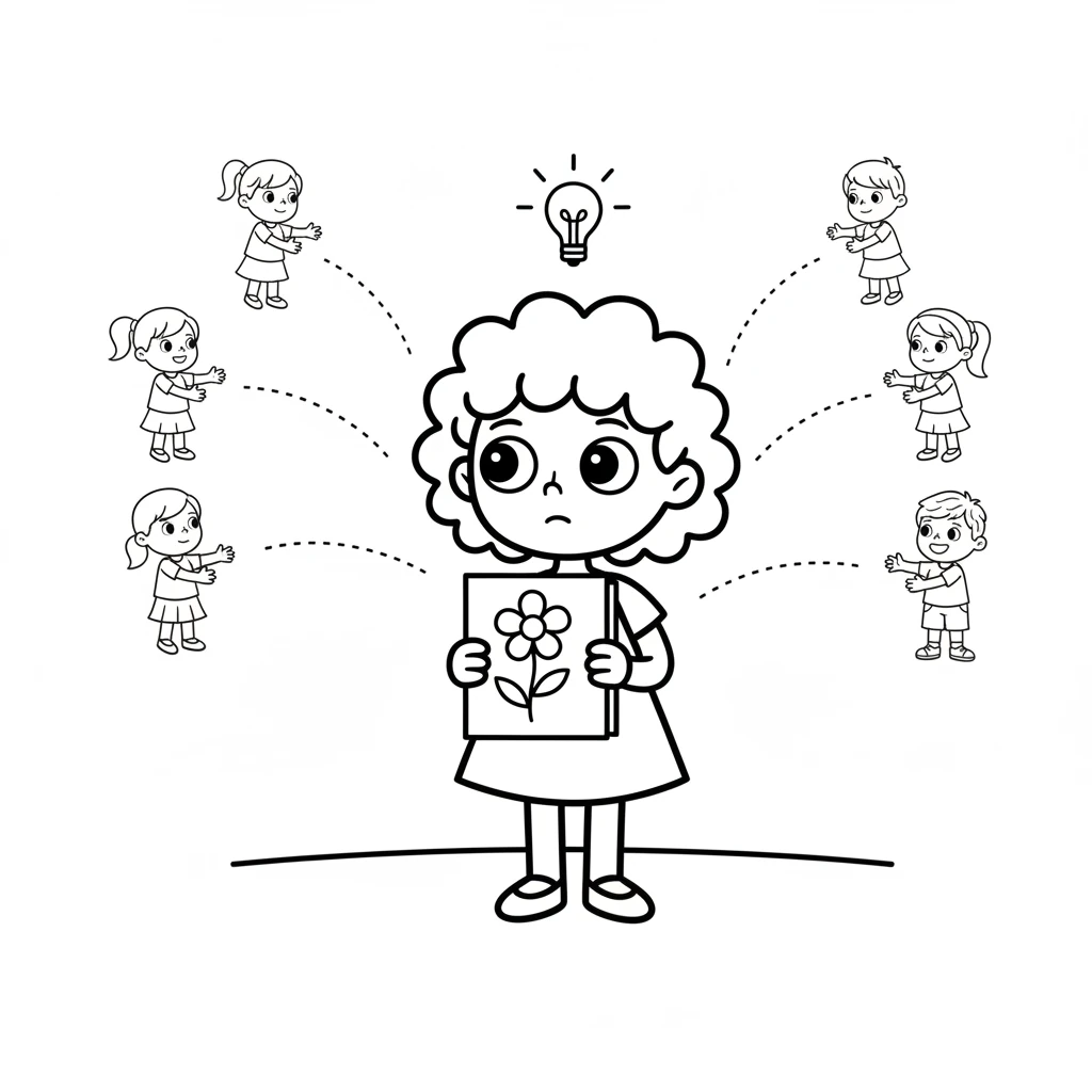 Dot looks at her flower drawing, a thoughtful expression on her face. An idea sparks in her mind, like a small, bright light. She imagines her lovely drawing being shared with others.