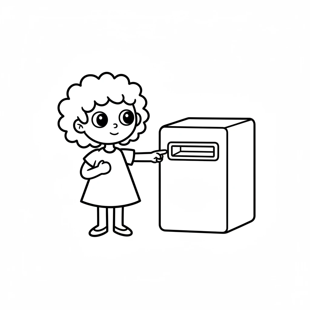 Dot stands beside a friendly-looking, boxy machine with a wide slot. Her finger points excitedly towards it, her eyes sparkling with a new plan. This machine will help her share her art.