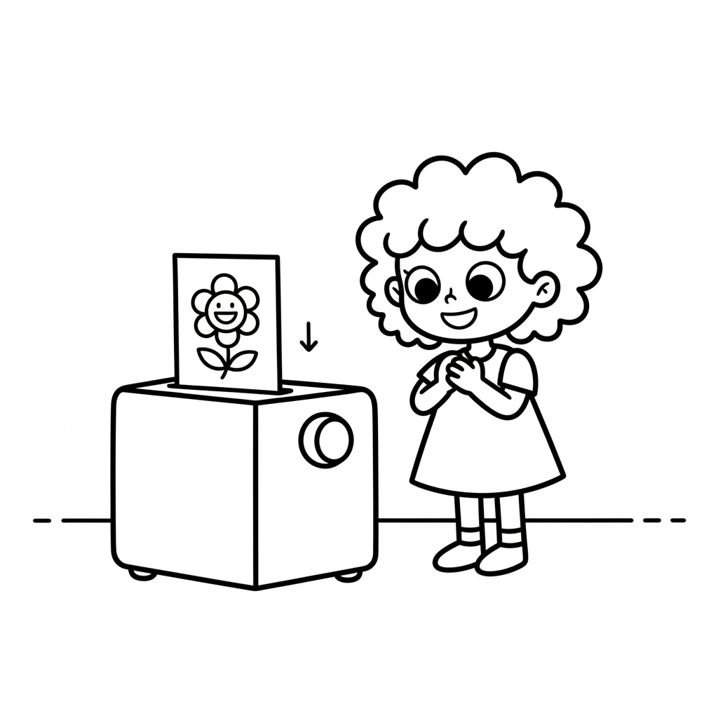 Slowly, a sheet of paper peeks out from the machine's slot. On it, Dot's happy flower drawing appears, but this time, it's just a clean, bold outline. Dot watches with wide-eyed wonder as it emerges.