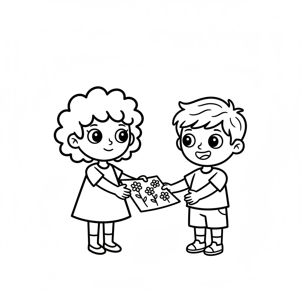 Dot offers one of her printed flower pages to her friend, Pip, who has a similar round face and simple body. Pip smiles brightly, reaching out a hand to gently take the drawing. It's a gift of creativity.