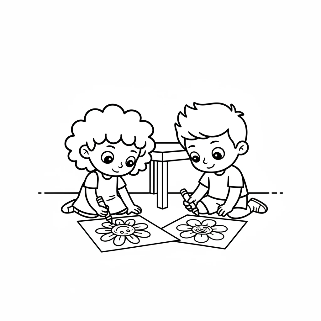 Side by side, Dot and Pip are now happily coloring their flower pages. They each hold a simple crayon, adding bold, joyful lines within the outlines. Their faces show quiet concentration and shared delight.