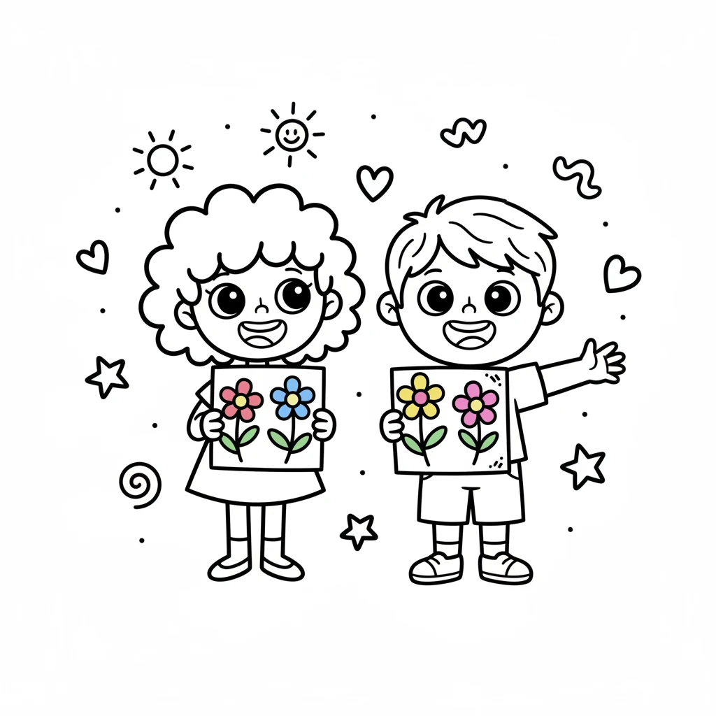 Dot and Pip stand together, proudly displaying their now brightly colored flower drawings. Their smiles are wide and genuine, reflecting the joy of creating and sharing art. Around them, more simple, happy drawings hint at a world full of imagination.