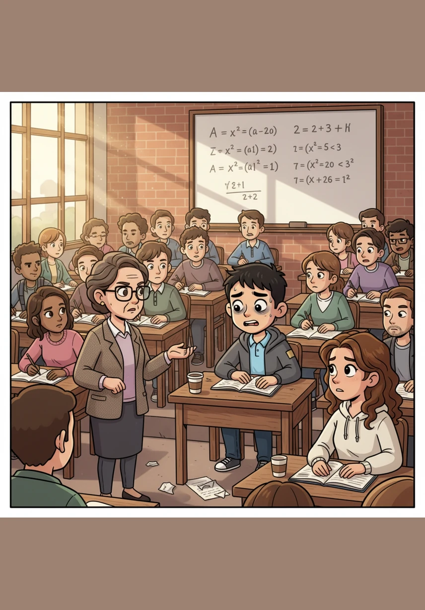 Li Wei sits in a crowded lecture hall, staring blankly at the complex equations on the blackboard. While other students scribble notes, he feels a heavy weight in his chest as the numbers seem to blur together and his heart sinks.