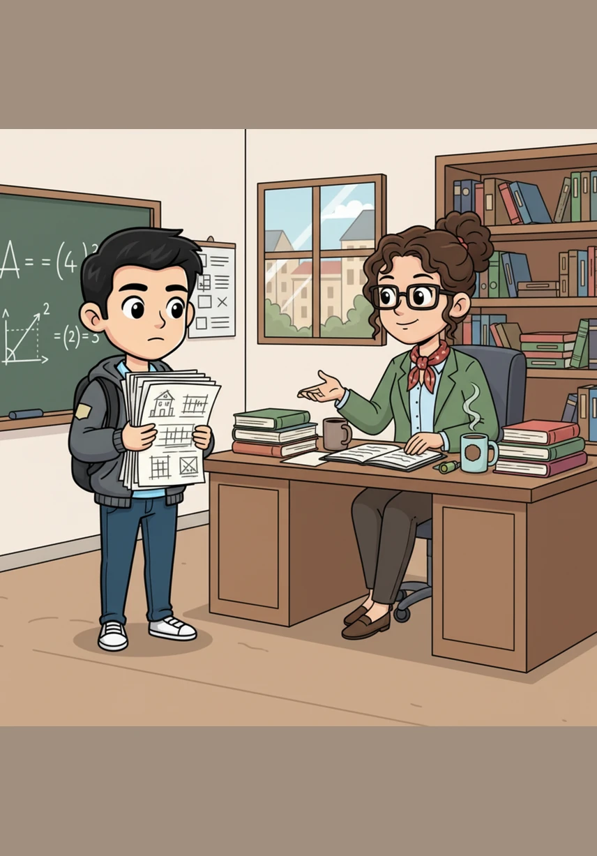 With a deep breath and newfound determination, Li Wei knocks on his professor's office door to ask for guidance. The professor welcomes him warmly, and together they begin to break down the difficult concepts into a clear, manageable study plan.