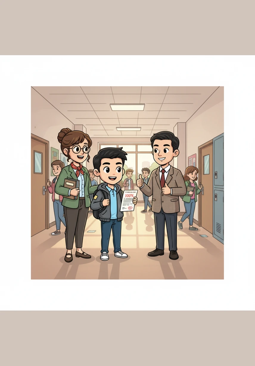 The next morning, Li Wei gathers his courage and offers a bright smile and a warm greeting to a classmate in the hallway. To his surprise, the classmate smiles back and strikes up a conversation, breaking the ice that had kept him isolated for so long.