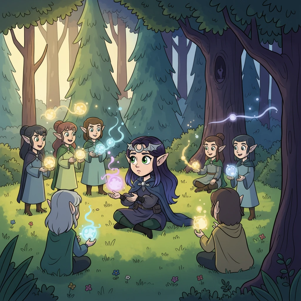 Young Lyra, an elven girl with bright, curious eyes, sits in a sun-dappled meadow in Delsgade, surrounded by other elves practicing glowing light spells. Her own small orb of light floats uncertainly, while her gaze drifts towards the mysterious, darker edge of the enchanted forest. She wonders about the secrets hidden beyond the familiar path.